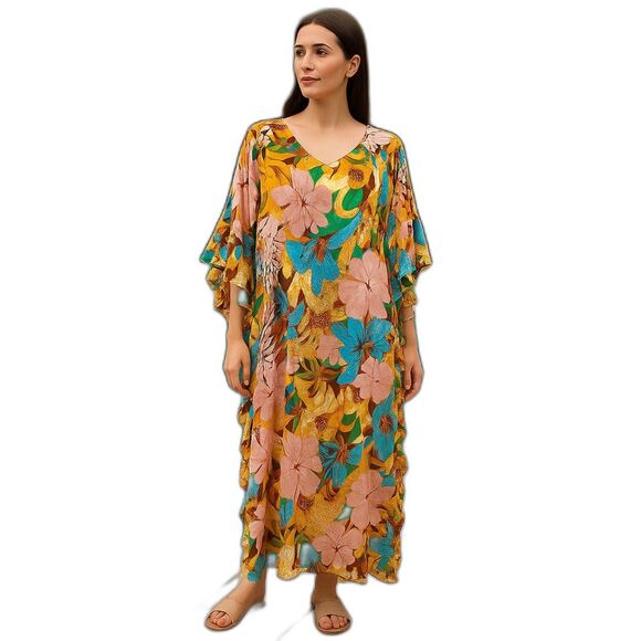 NEW Easel Small - Large Multi-Color Kaftan Style Maxi Dress Ruffle Sides Pockets - Picture 1 of 16